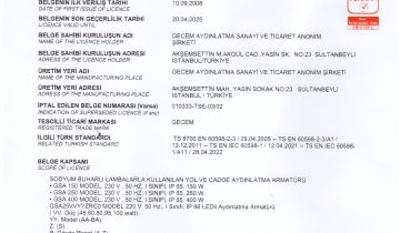 Gecem Otoyol Cadde TSE Belgesi