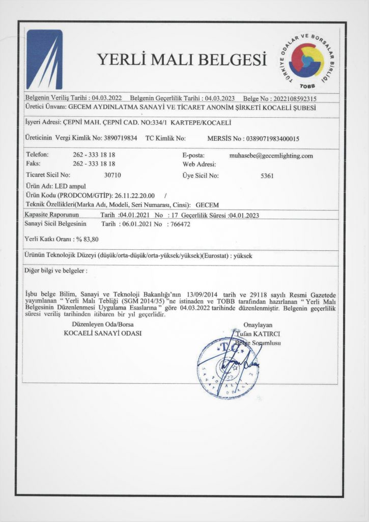 Gecem Led Ampul Yerli Malı Belgesi