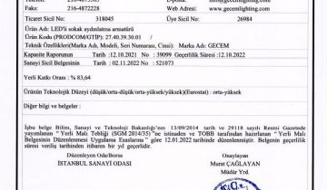 Gecem Sokak Armatürü Yerli Malı Belgesi